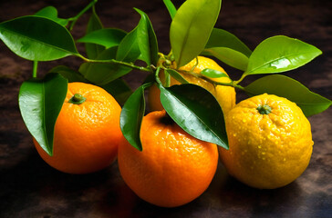 tangerines are shown with leaves on them