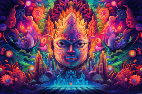 The ayahuasca psychedelic experience representation, a transformative journey that combines ancient traditions and spiritual exploration, offering profound insights and self discovery. Ai generated