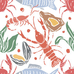 Colored seafood pattern. Drawn seafood background