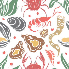 Poster Im Rahmen Colored seafood pattern. Drawn seafood background © eliyashevskiy