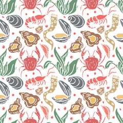 Colored seafood pattern. Drawn seafood background