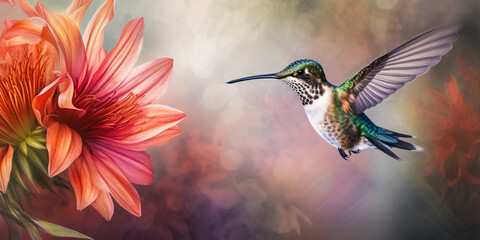 Stunning colibri hovering near vivid flowers, intricate feather & floral details captured. Aesthetic watercolor backdrop enhancing natural beauty. Emotionally captivating. Generative AI