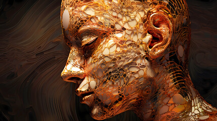 Abstraction of golden 3D distortions that form the image of a person, surrealism.