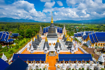 Top-view aerial photo from the drone of Wat Ban Den temple or Wat Den Sa Lee Sri Muang Gan at Chiang Mai, Thailand