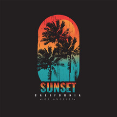 Retro vintage California sunset logo badges on black background graphics for t-shirts and other print production. Vector illustration for design. Summer beach concept.