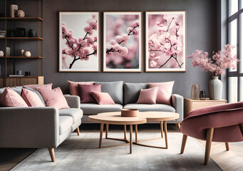 a living room is decorated with pink flower pots and some pink flowers