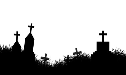 Silhouette design of the cemetery on grass field in the dark of halloween.