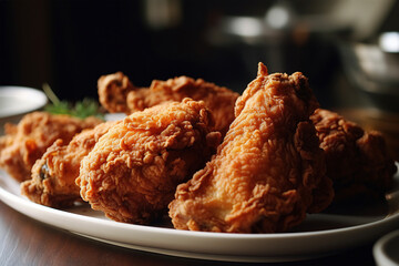 fried chicken pieces on the table in a restaurant, close-up