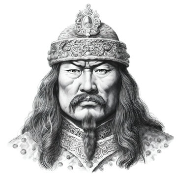 Black and white vintage engraving, headshot portrait of Genghis Khan (or Gengis) with a hat, beard and moustache, face straight-on, facing camera, white background - Generative AI