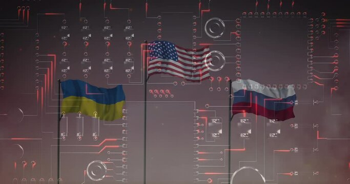 Animation of circuit baord over flag of russia, ukraine and united states of america - Powered by Adobe
