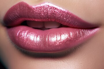 Obraz premium Close up of a girls lips with lipstick and glitter. Generative AI