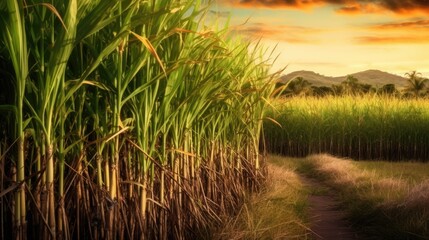 Sugar cane stalks on plantation. Generative AI