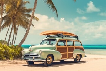 Vintage car parked on the tropical beach with a surfboard on the roof. Generative AI