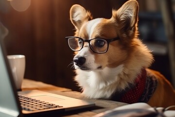 Generative AI. The concept of digital nomads of the 21st century. Red Welsh corgi Pembroke with glasses is working on a laptop in a cafe. The dog is a smart freelancer at home.