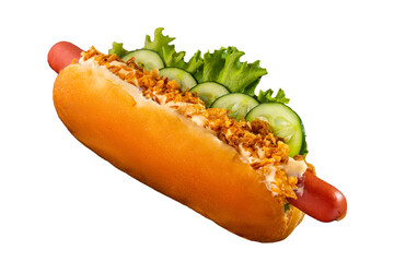 Hotdog with smocked sausage, fresh cucumber and salad isolated on white background