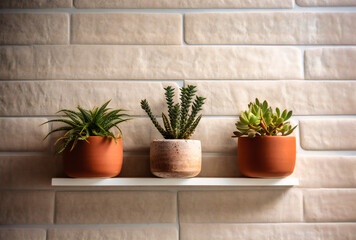 three small potted plants against a white chalkboard wall