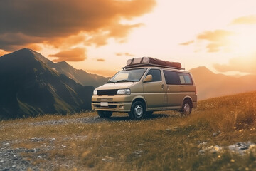 Fototapeta na wymiar Generative AI Family vacation travel RV, holiday trip in motorhome. Camper in a scenic mountain location at sunset. Alternative vanlife vacation concept.