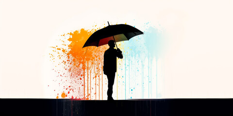 Captivating silhouette of a person with umbrella under rain, artistically portrayed in shadow puppet style on a white background, evoking emotions and sparking imagination. Generative AI