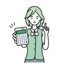 立って電卓を持ってこちらに向けて見せている事務員制服の女性