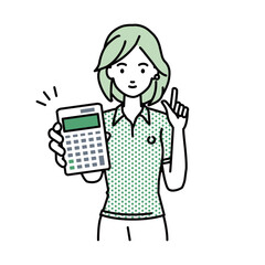 立って電卓を持ってこちらに向けて見せているポロシャツの女性