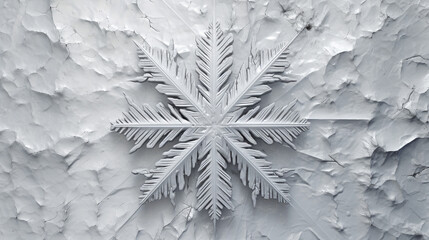 Close up of a white symmetrical snowflake, Generative AI