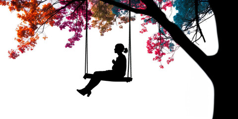 Captivating silhouette of a person on a swing beneath colorful cherry blossoms, conveying poetry and emotion through minimalistic, vibrant imagery. Generative AI