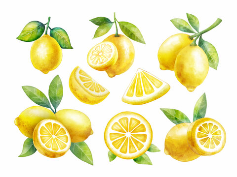 Set of watercolor style lemon fruit on white background vector, every piece can separate each one