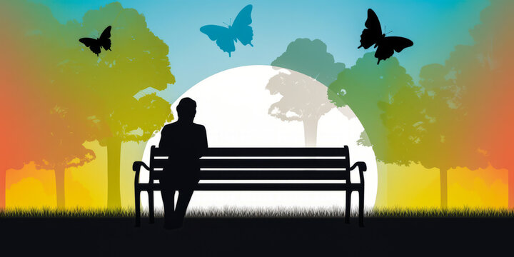 Captivating silhouette of a person peacefully reading on a park bench, with a vibrant butterfly perched on the book, evoking serenity and inspiration. Generative AI