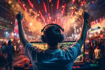 rear view Professional eSports gamer rejoicing victory and computer gaming room background