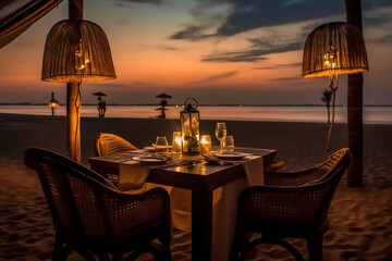 Luxury romantic candlelight dinner table setup for couple in ocean view restaurant on Valentine's day with Champaign & wine glasses and beautiful food decoration,Generative AI