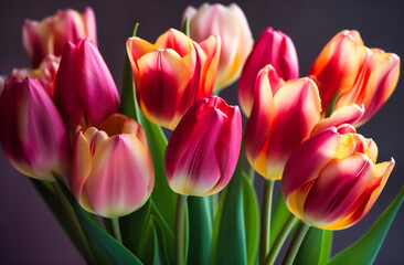 Fototapeta premium a bunch of pink and orange tulips is shown on a blurry background