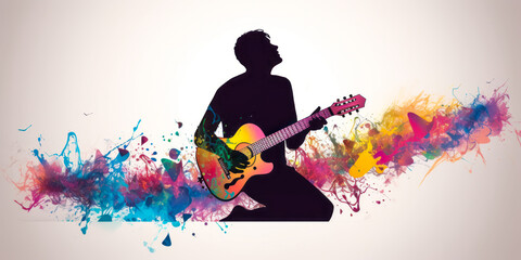 Captivating silhouette of a guitarist in shadow play on white background, surrounded by vibrant musical notes expressing emotions and energy. Generative AI