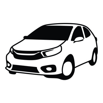 small family car symbol, small occupants, black white line art vector