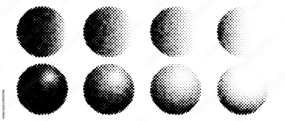 Poster Halftone circle shapes set. Dotted textured spheres collection. Round fading gradient in comic and pop art style. Black spotted design elements bundle. Rasterized and pixelated background pack. Vector