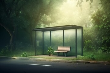 Bus stop in forest. Generate Ai