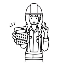 立って電卓を持ってこちらに向けて見せている工事現場の女性