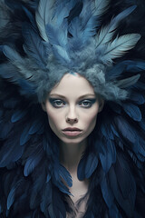 Gorgeous fashion model, woman surrounded by dark blue feathers. Glamour portrait generated by Ai. Is not based on any specific real image or character