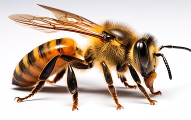 Macro shot of a bee on a white background