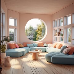 Bauhaus interior design in soft pastel colours and natural light. Fictional interior created with generative AI