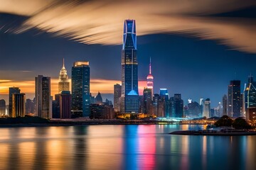 A bustling cityscape at night, with illuminated skyscrapers, busy streets, and vibrant nightlife.