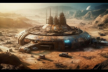 Futuristic alien base built on the captivating terrain of planet Mars, offering a glimpse into extraterrestrial technology and civilization. Ai generated