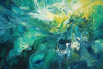 Fototapeta na wymiar Swirling oil patterns of waves in blue and green
