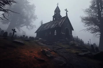 Foto op Canvas Creepy church on a hill in night with fog © johndwilliams