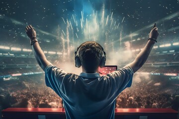 Fototapeta na wymiar rear view Professional eSports gamer rejoicing victory and computer gaming room background