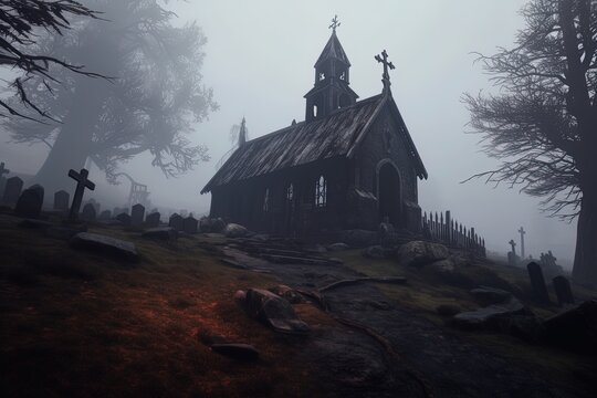 Creepy church on a hill in night with fog