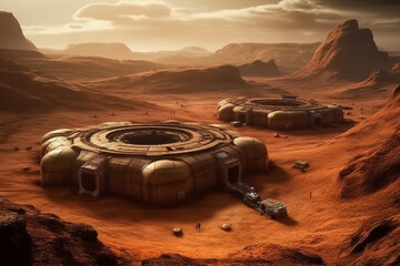 Futuristic alien base built on the captivating terrain of planet Mars, offering a glimpse into extraterrestrial technology and civilization. Ai generated