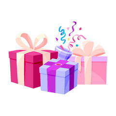 Gift box invitation set bow confetti colorful flat. Pink purple magenta pile festive package mystery surprise gift wrap birthday valentine christmas anniversary celebration brochure poster isolated