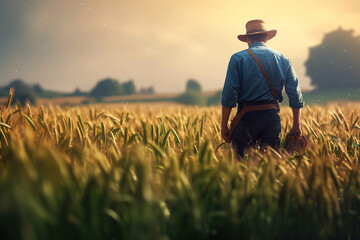 A farmer in the field of wheat at sunset. Rear view, unrecognisable person