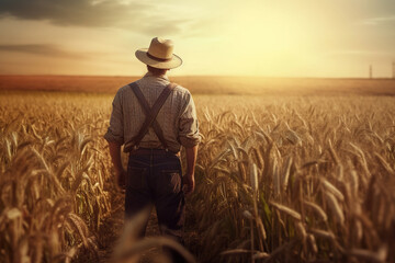 A farmer in the field of wheat at sunset. Rear view, unrecognisable person