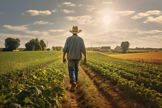 A farmer walks at agriculture field at sunset. Rear view, unrecognisable person
